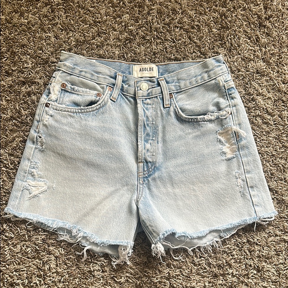 Agolde Parker Long Blue Jean Shorts Distressed Cut-Offs